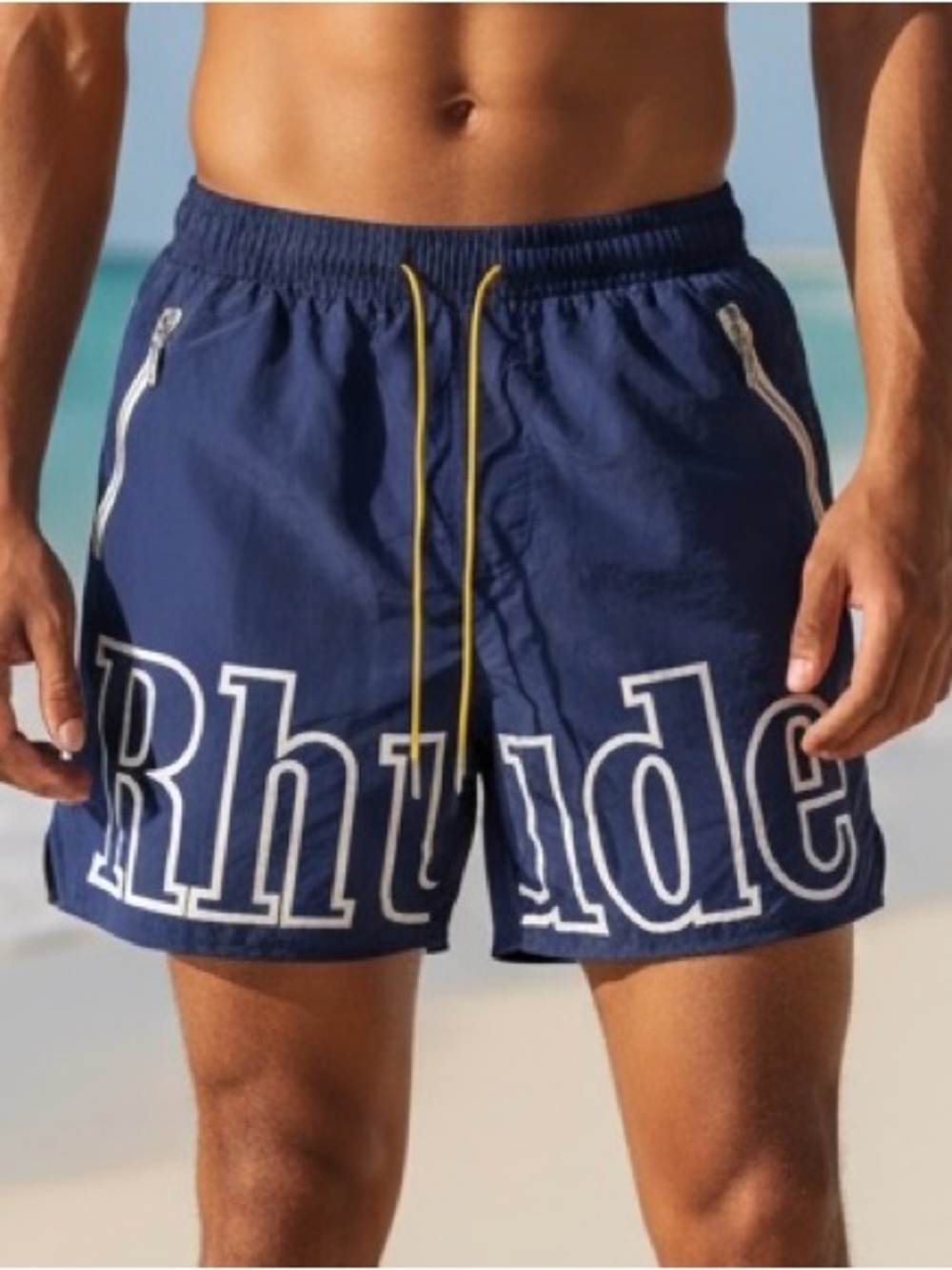 Rhude Navy Swim Shorts with White Logo and Yellow Drawstring S